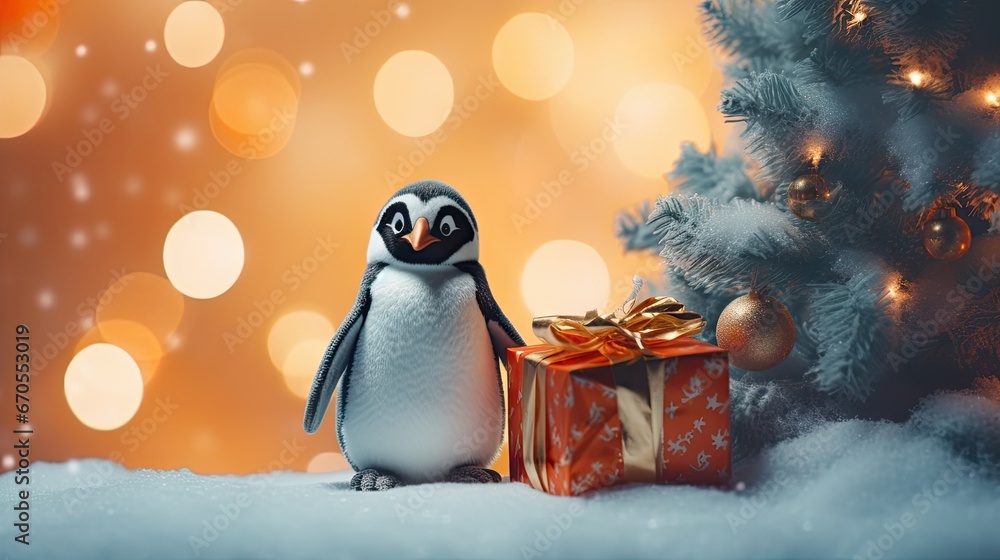 Poster a small penguin standing next to a christmas tree with a gift box in front of it and a christmas tre