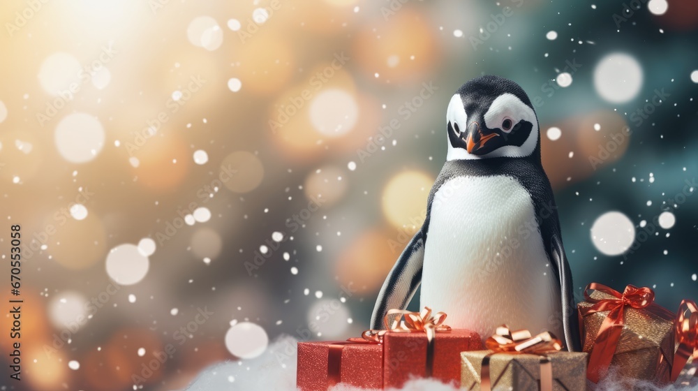 Poster a penguin sitting on top of a pile of presents in front of a christmas tree with snow falling on it.