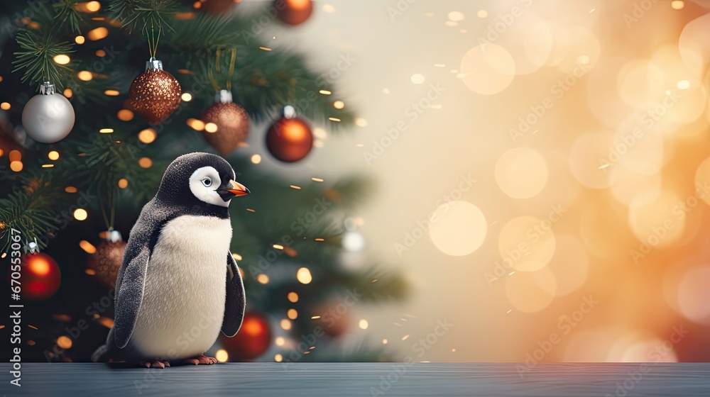 Poster a penguin sitting on a table in front of a christmas tree with baubons hanging from it's branches. g