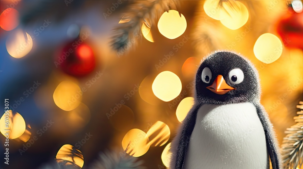 Poster a penguin standing in front of a christmas tree with lights on it's branches and a christmas ornamen