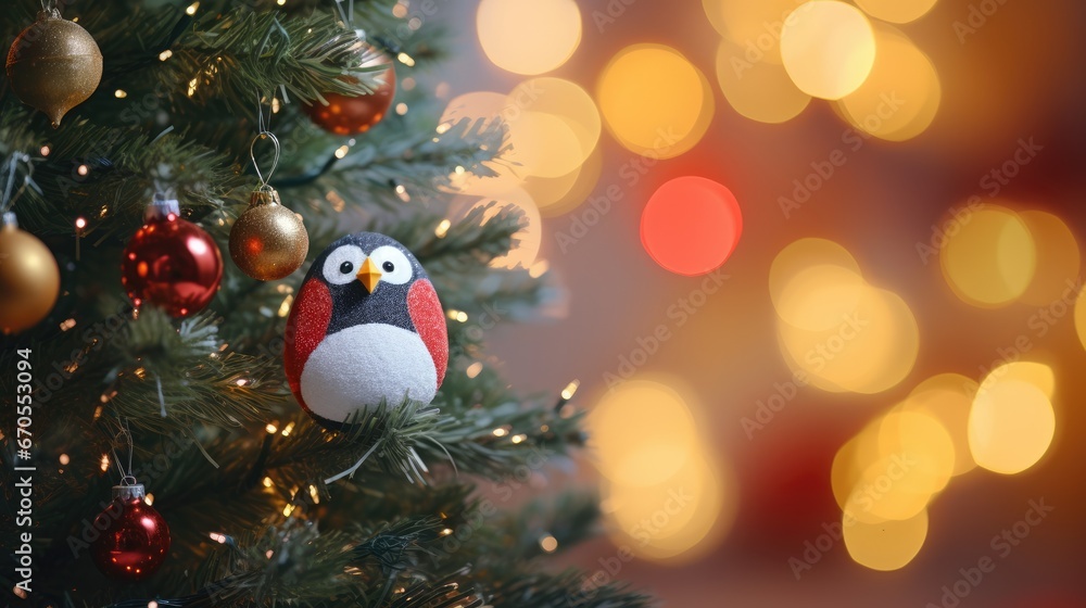 Poster a close up of a christmas tree with a bird ornament hanging from the top of it's tree. generative ai