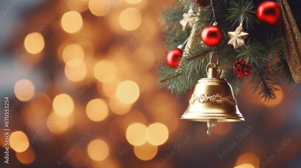 Poster  a close up of a christmas tree with a bell hanging from it's side with a boke of lights in the background.  generative ai