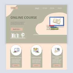 Online course flat landing page website template. Directors course, business course, photographer course. Web banner with header, content and footer. Vector illustration.