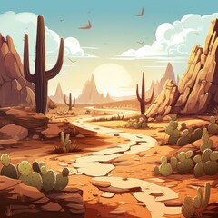 a desert landscape with cactuses and mountains