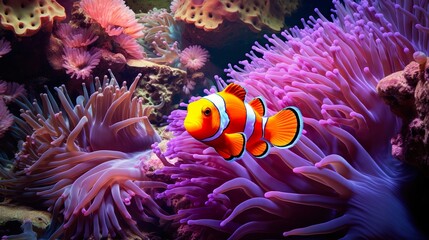 Clownfish Harmony: Amphiprion Ocellaris and Sea Anemone, Amphiprion ocellaris clownfish and anemone in sea - obrazy, fototapety, plakaty