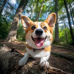 Naklejka na ściany i meble a dog standing on log in woods