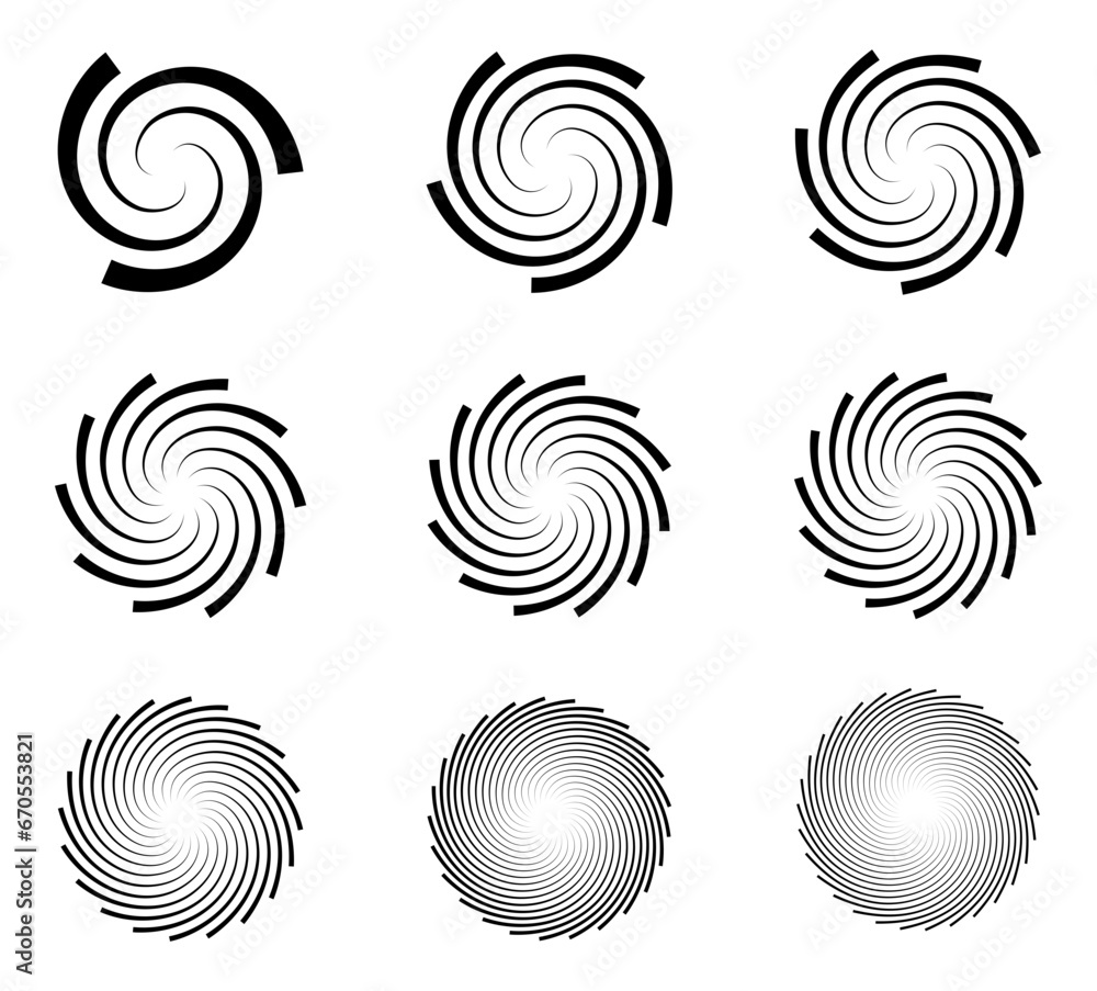 Aufkleber spiral and swirl motion twisting circles design element set. vector illustration.