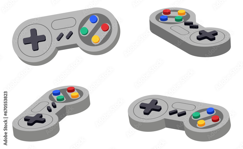 Poster joystick set different angles. gamepad console retro control. play symbol controller icon. video joy