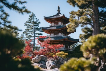 Naklejka premium Buddhist Pagoda Amidst Nature's Embrace