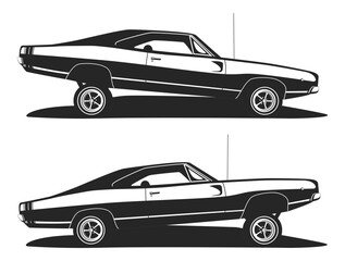 American muscle low rider car vector. Classic lowrider cars profile. Set tuning vehicle template for print t shirt or logo motor club.