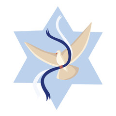 Vector flying dove of peace with blue ribbons bringing peace and support to Israel with star of David illustration. Stand with Israel - obrazy, fototapety, plakaty