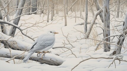 A white bird resting amidst a snowy landscape, nearly camouflaged by its surroundings.