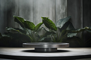 Product display on surreal jungle background. Round podium showcase with tropical lush plants and concrete architecture. Empty space pedestal