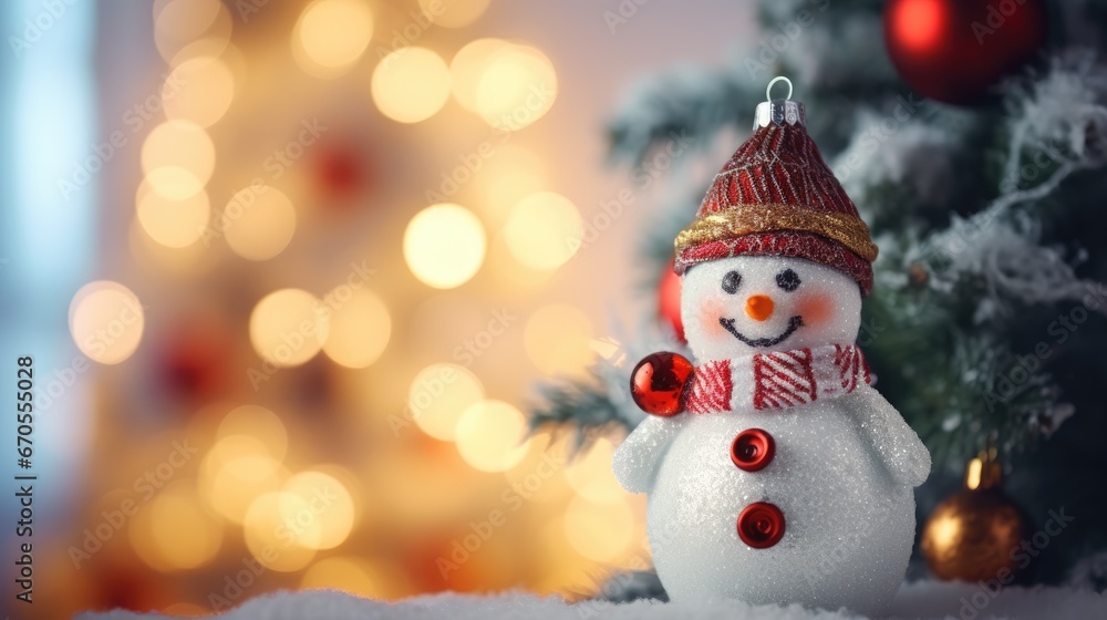 Poster a close up of a snowman ornament in front of a christmas tree with a christmas tree in the backgroun