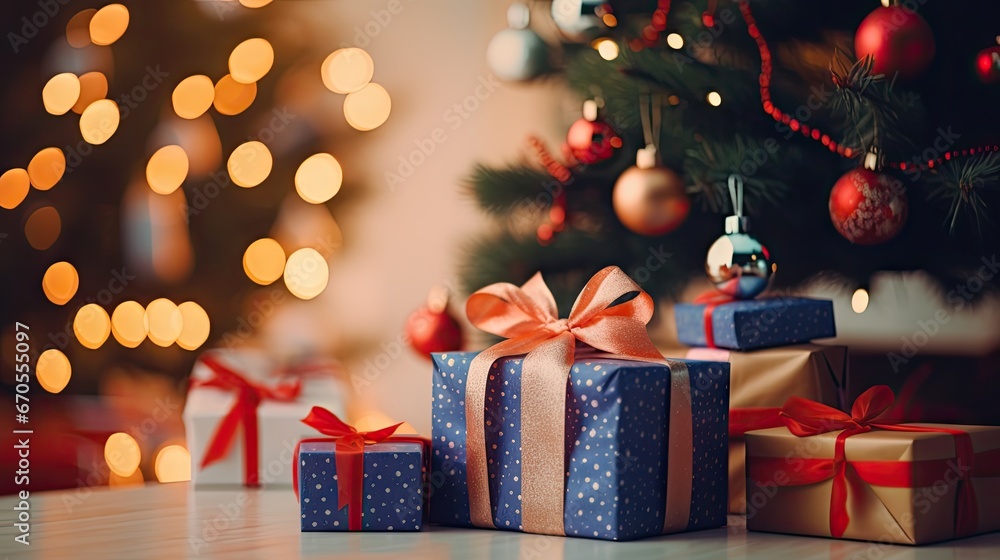 Poster presents under a christmas tree in front of a christmas tree with a lite - up christmas tree in the 