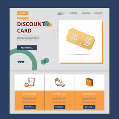 Discount card flat landing page website template. Favorite list, pay per click, shopping bag. Web banner with header, content and footer. Vector illustration.