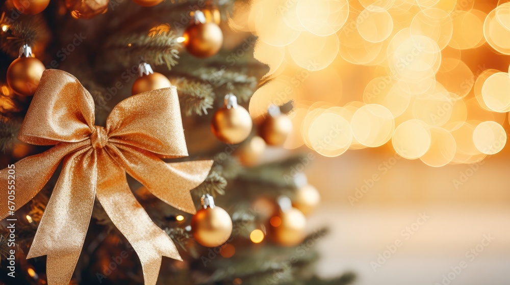 Poster a close up of a christmas tree with a large bow on it's head and lights in the background. generativ