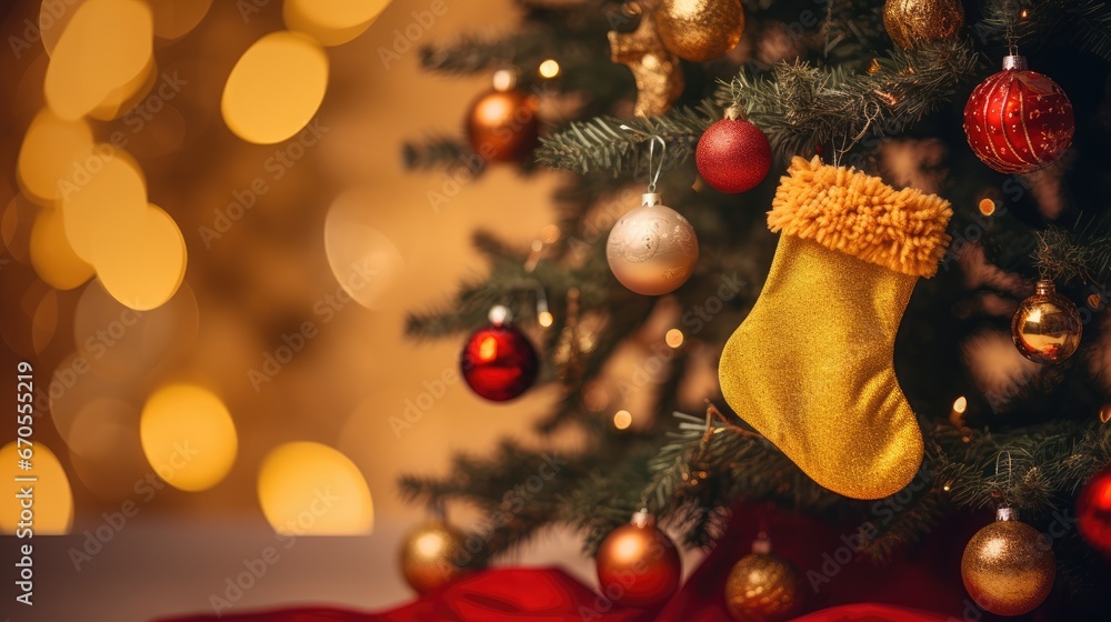 Poster a close up of a christmas tree with a stocking hanging from the top of it and a red ribbon on the bo
