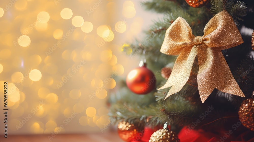 Poster a close up of a christmas tree with gold and red ornaments and a bow on the top of the tree. generat