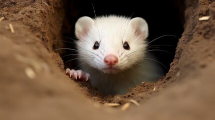 A white ferret playfully peeking out of a burrow, its whiskers twitching.