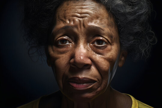 crying senior African American woman, head and shoulders portrait on black background. Neural network generated image. Not based on any actual person or scene.