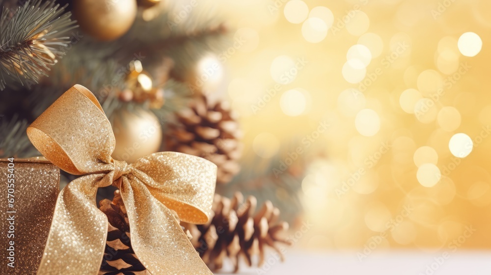 Poster a close up of a christmas tree with a gold ribbon and a pine cone on the bottom of the tree. generat