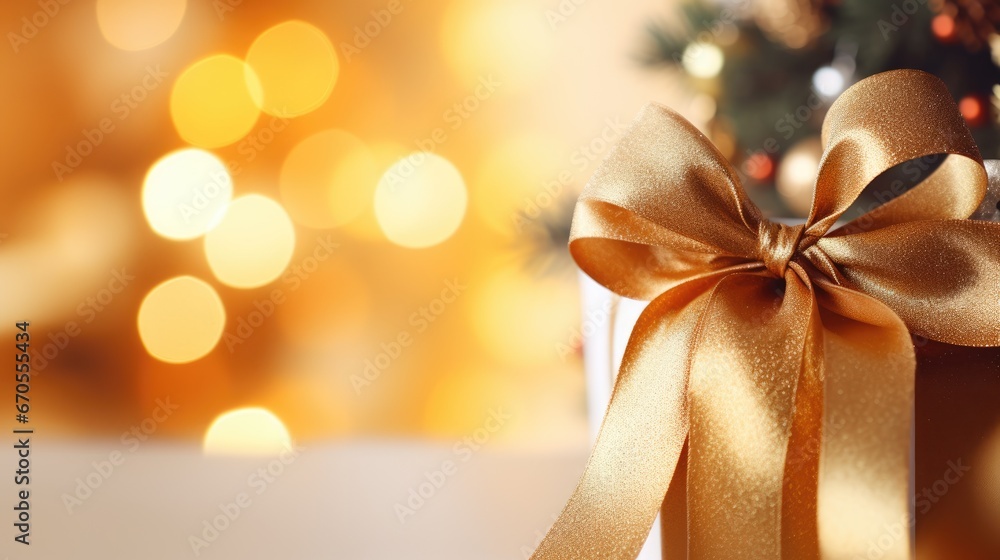Aufkleber  a close up of a gift box with a ribbon on it and a christmas tree in the background with lights in the background.  generative ai