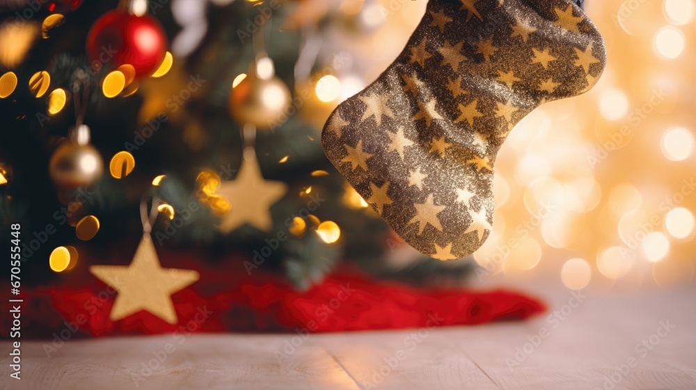 Poster a close up of a christmas tree with a stocking hanging from it's side and a christmas tree in the ba