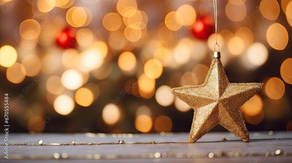 Poster a gold star ornament hanging from a string in front of a christmas tree with lights in the backgroun