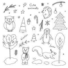 Cute animals in the Christmas forest, vector illustration hand drawing
