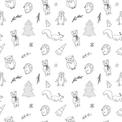 Seamless pattern animals in the winter forest, vector illustration hand drawing