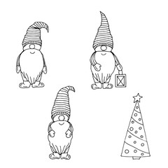 Gnomes and Christmas tree set, vector illustration hand drawing