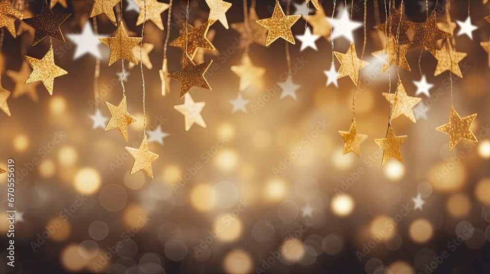 Poster a group of gold stars hanging from a string on a dark background with boke of lights in the backgrou