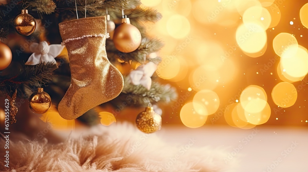 Poster a close up of a christmas tree with a pair of socks hanging from it's stocking hanger. generative ai