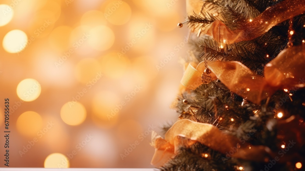 Poster a close up of a christmas tree with a lot of lights in the background and a ribbon on the top of the
