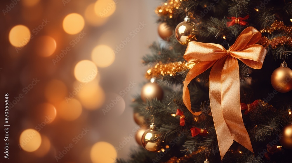 Poster a close up of a christmas tree with a large bow on it's head and lights in the background. generativ