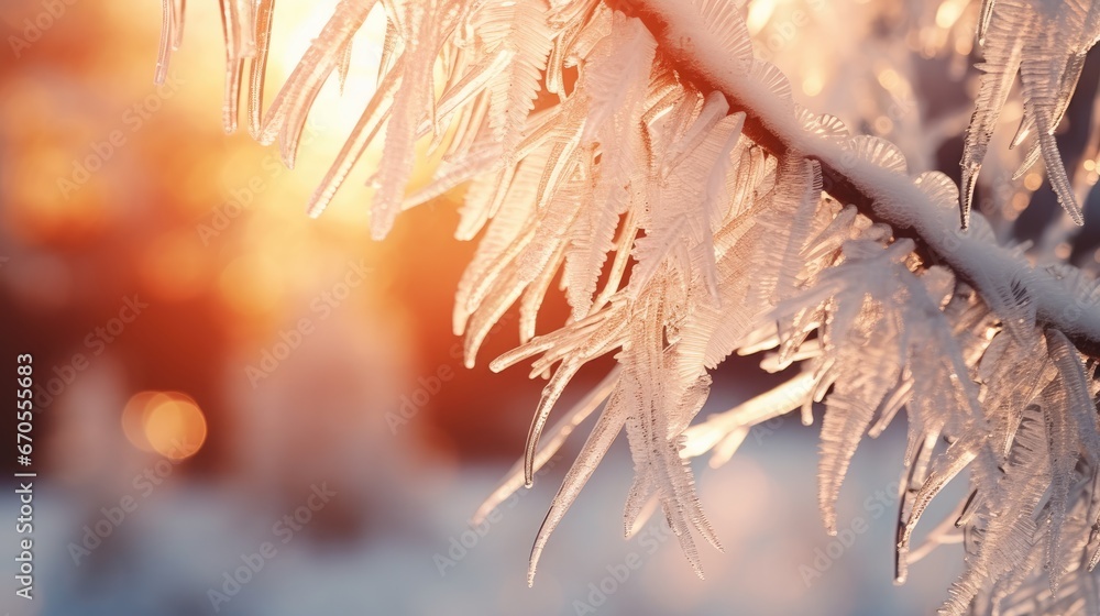 Poster the sun is shining through the frosted branches of a pine tree in the foreground is a blurry backgro
