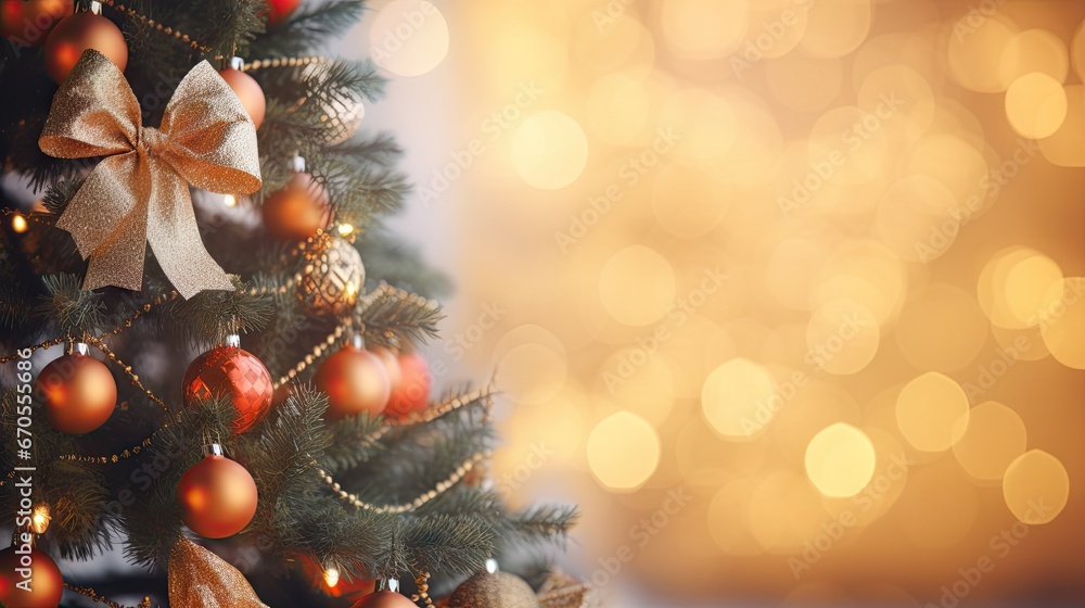 Poster a close up of a christmas tree with gold and red ornaments and a bow on the top of the tree. generat