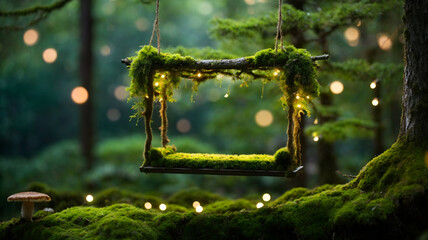 Moss fur swing on the branch newborn digital backdrop in the forest - obrazy, fototapety, plakaty