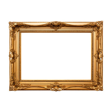 Old Antique Vintage rectangle gold picture frame isolated on transparent png and white background