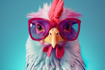 a chicken with sunglasses on its head and a potted plant in the backgrouf of the image is a blue sky and a blue background