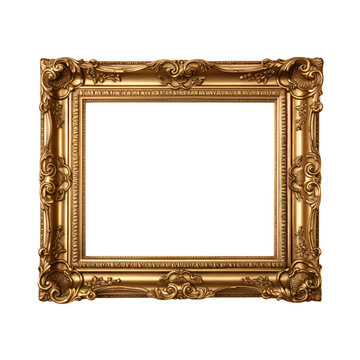 Old Antique Vintage rectangle gold picture frame isolated on transparent png and white background