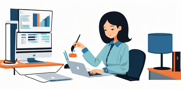 Flat illustration of a girl working on laptop, office, corporate Memphis style, white background