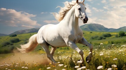 Obraz na płótnie Canvas A white horse galloping freely across a sprawling meadow.