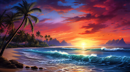 Fototapeta na wymiar vibrant sunset on a tropical beach with palm trees