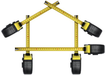 Group of tape measures (orange, yellow and black) in the shape of a house isolated on white or transparent background. png.