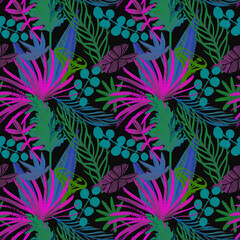 modern bright seamless pattern with tropical palm leaves and colorful dried flowers for fashion textiles and surface design. Summer botanical motif in futuristic colors