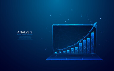 Abstract growth graph chart on a laptop screen on technology blue background. Finance and business analysis concept. Low poly wireframe vector illustration in futuristic hologram blue style. - obrazy, fototapety, plakaty