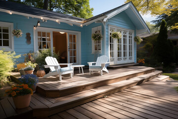 charming wooden patio in summer garden of one-storey house - obrazy, fototapety, plakaty