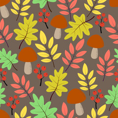 Seamless pattern of leaves, mushrooms and berries. Vector illustration.